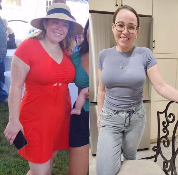 A woman in red dress and a lady in grey shirt