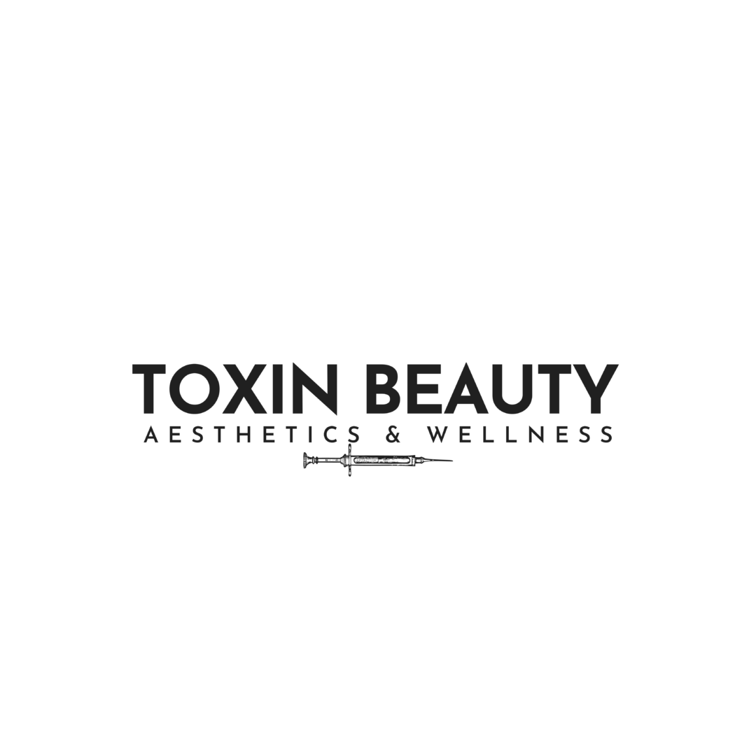 A white and black logo of toxin beauty